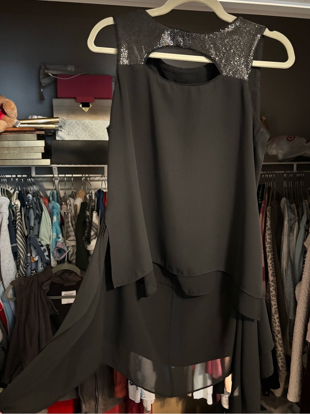 BCBGMaxAzria Black Layered Sequin Shoulder Dress
